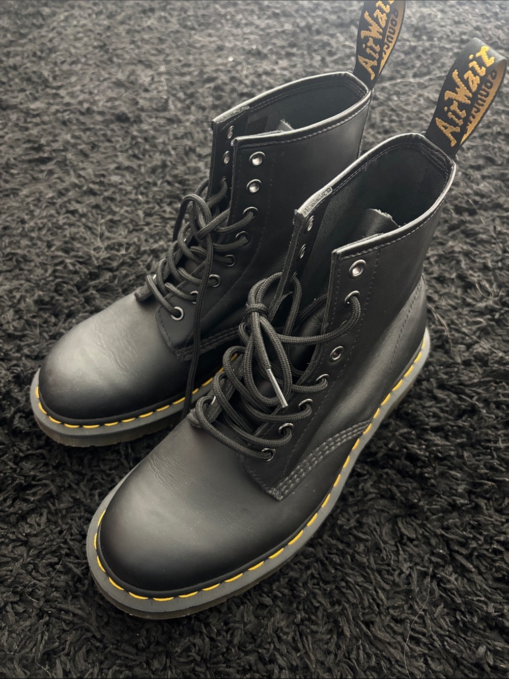 Dr. Martens Black Leather Lace-Up Boots with Yellow Stitching
